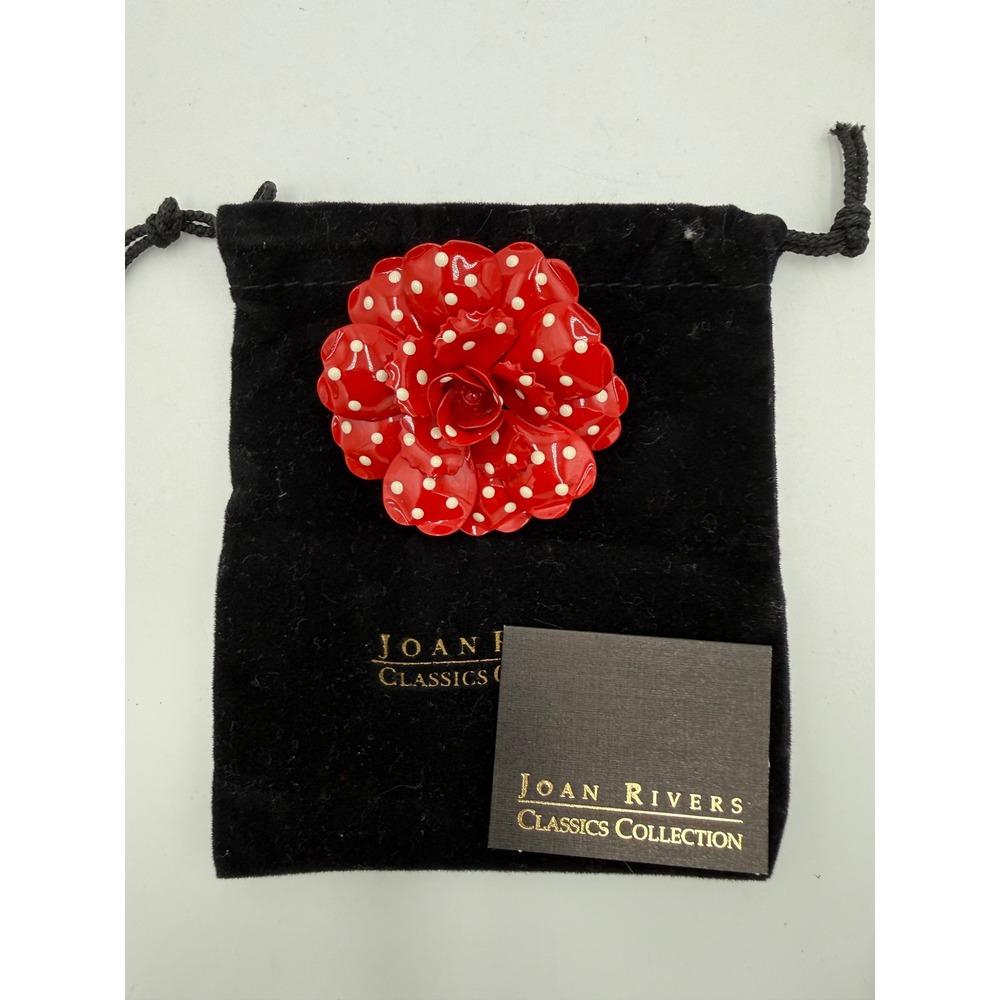 Joan Rivers Red Enamel Polka Dot Flower Brooch Pin Classics Collection Rose 2.5" - Picture 2 of 5